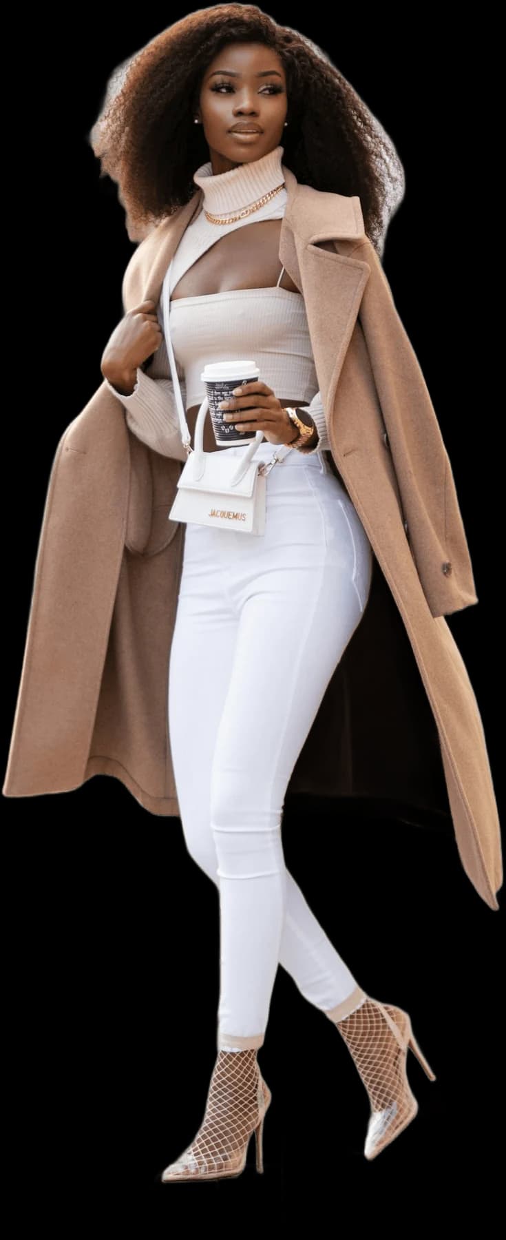 Model wearing a camel wool coat